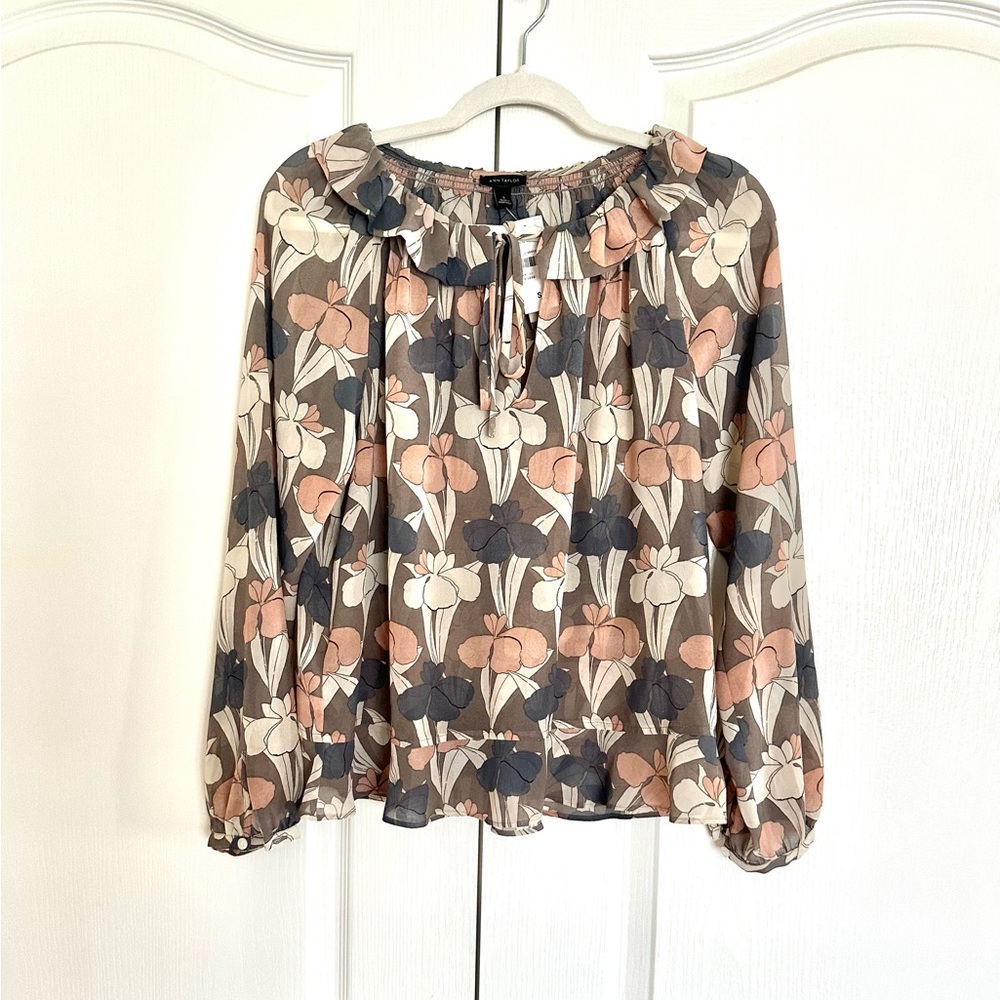 Ann Taylor Floral Ruffle Neck Blouse